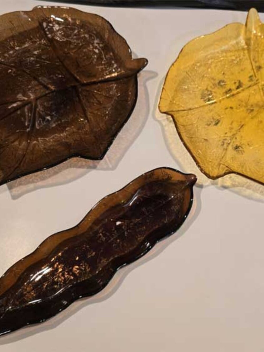 Plates Glass Set of 3 Fall Leaves Amber Brown Unmarked 1990s Vintage